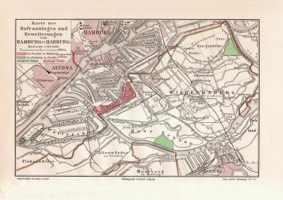 Hafenanlagen Hamburg Harburg historische Landkarte Lithographie ca. 1910