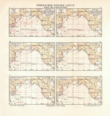 N&ouml;rdlicher Stiller Ozean Winde und Temperaturen historische Landkarte Lithographie ca. 1913