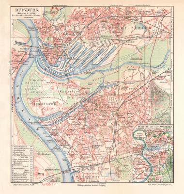 Duisburg historischer Stadtplan Karte Lithographie ca. 1910