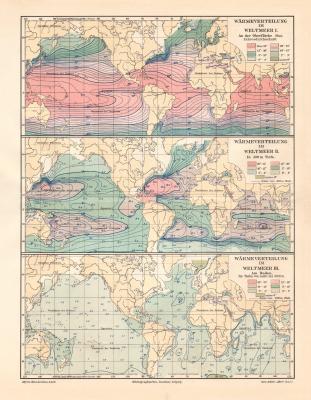 Wärmeverteilung im Weltmeer historische Landkarte Lithographie ca. 1910