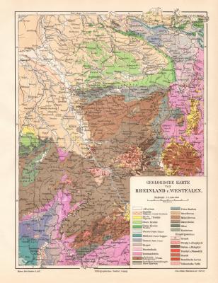 Rheinland Westfalen Geologie historische Landkarte Lithographie ca. 1910