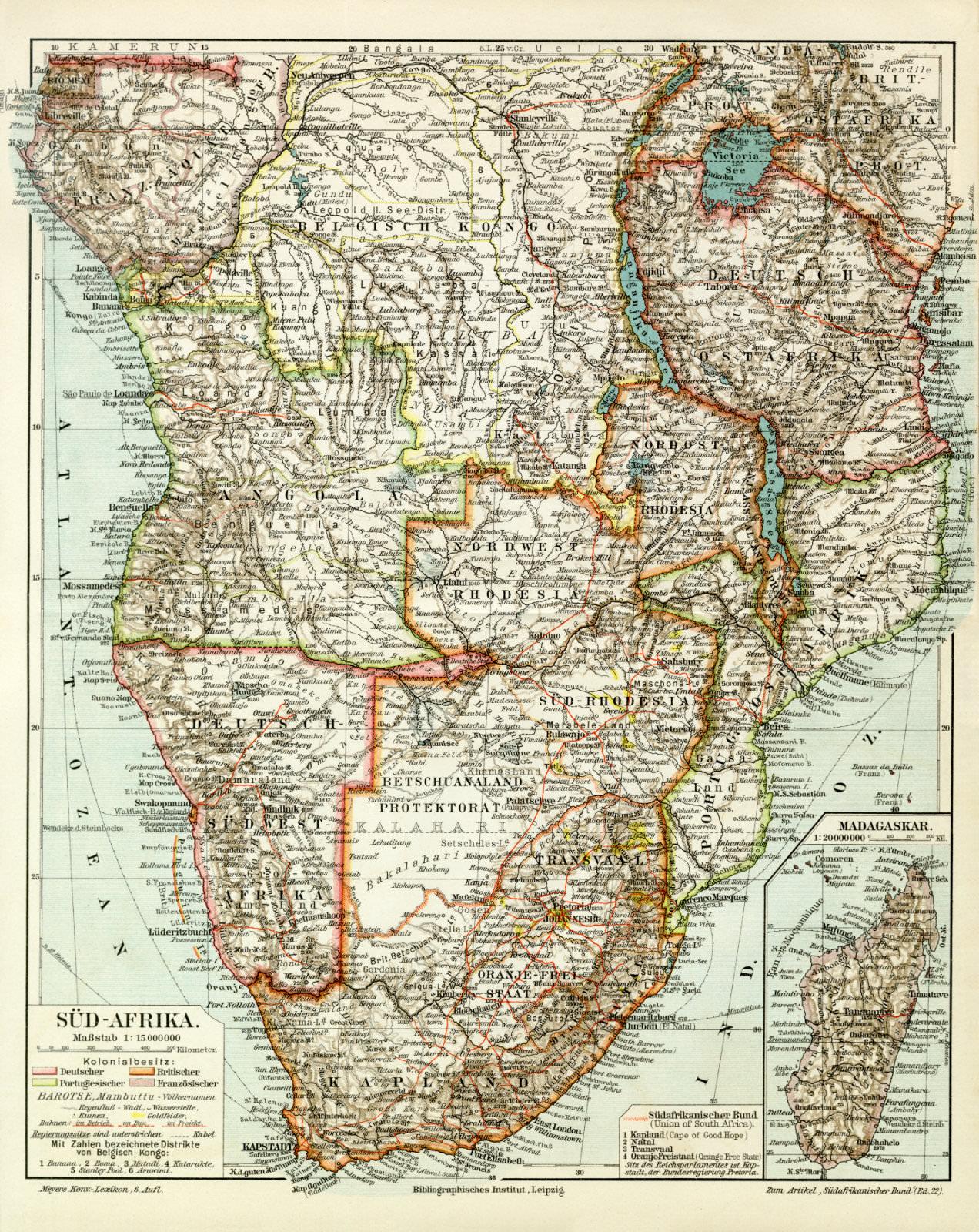 Südafrika historische Landkarte Lithographie ca 1910 antike Karte Geographie 