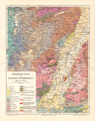 Elsass Lothringen Geologie historische Landkarte Lithographie ca. 1912