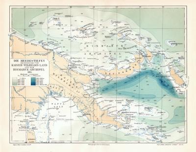 Meerestiefen Kaiser Wilhelm Land und Bismarck Archipel historische Landkarte Lithographie ca. 1913