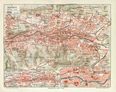 Barmen historischer Stadtplan Karte Lithographie ca. 1910