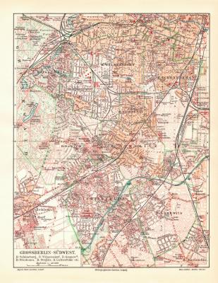 Gross Berlin S&uuml;dwest historischer Stadtplan Karte Lithographie ca. 1913