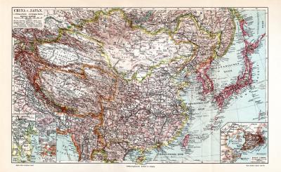 China & Japan historische Landkarte Lithographie ca. 1913