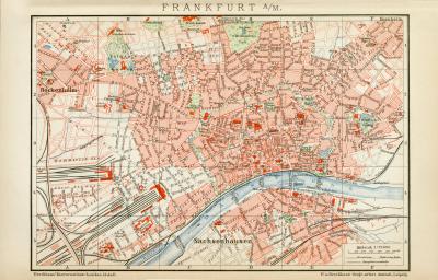 Frankfurt a. M. historischer Stadtplan Karte Lithographie ca. 1892