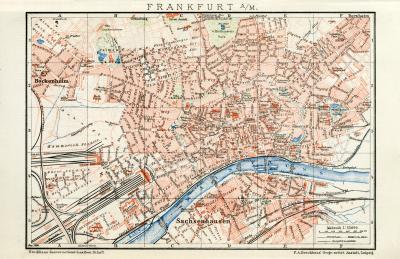 Frankfurt a. M. historischer Stadtplan Karte Lithographie ca. 1896