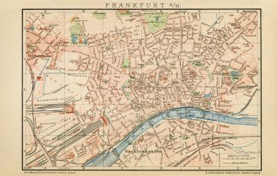 Frankfurt a. M. Stadtplan Lithographie 1898 Original der Zeit