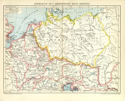 Germanien im 2. Jahrhundert nach Christus historische Landkarte Lithographie ca. 1892