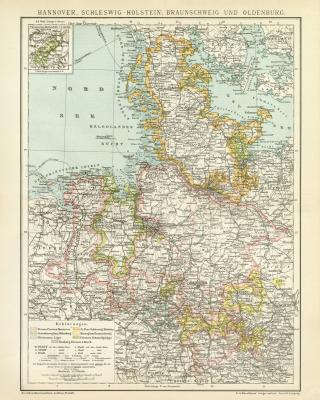Norddeutschland Karte Lithographie 1892 Original der Zeit