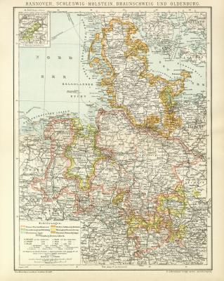 Hannover Schleswig-Holstein Braunschweig und Oldenburg historische Landkarte Lithographie ca. 1896