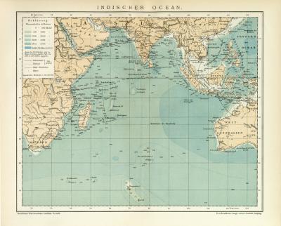 Indischer Ocean historische Landkarte Lithographie ca. 1892