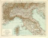 Ober-  und Mittelitalien historische Landkarte Lithographie ca. 1897