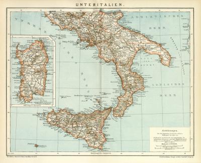 Unter Italien Karte Lithographie 1897 Original der Zeit