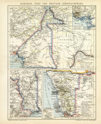 Kamerun Togo Deutsch Südwestafrika Karte Lithographie 1900 Original der Zeit