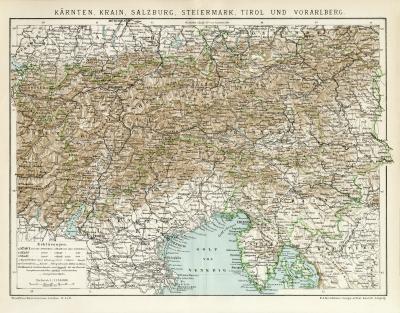 Kärnten Krain Salzburg Steiermark Tirol und Vorarlberg historische Landkarte Lithographie ca. 1892