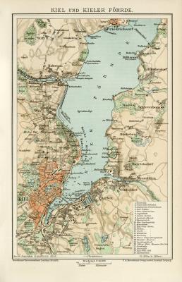 Kiel und Kieler Förde historischer Stadtplan Karte Lithographie ca. 1896