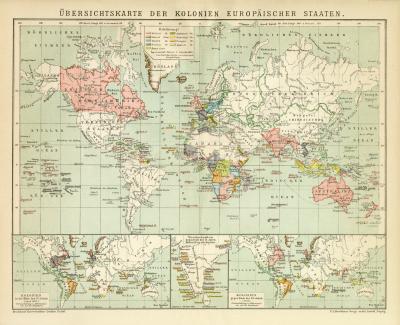 Übersichtskarte der Kolonien Europäischer Staaten historische Landkarte Lithographie ca. 1896