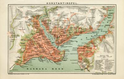 Konstantinopel Stadtplan Lithographie 1897 Original der Zeit
