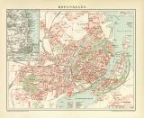 Kopenhagen historischer Stadtplan Karte Lithographie ca. 1892