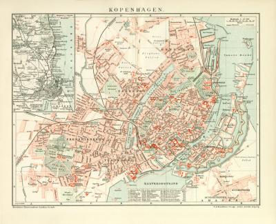 Kopenhagen historischer Stadtplan Karte Lithographie ca. 1896
