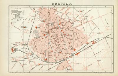 Krefeld historischer Stadtplan Karte Lithographie ca. 1892