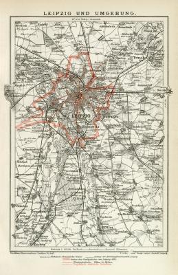 Leipzig Umgebung Stadtplan Lithographie 1892 Original der Zeit