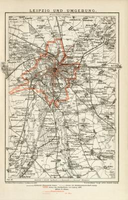 Leipzig und Umgebung historischer Stadtplan Karte Lithographie ca. 1896