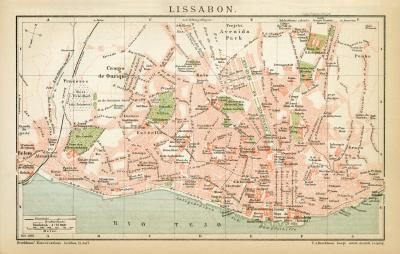 Lissabon historischer Stadtplan Karte Lithographie ca. 1896