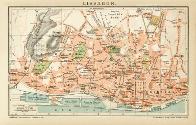 Lissabon historischer Stadtplan Karte Lithographie ca. 1899