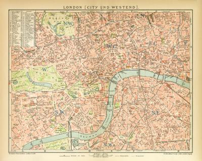 London City und Westend historischer Stadtplan Karte Lithographie ca. 1896