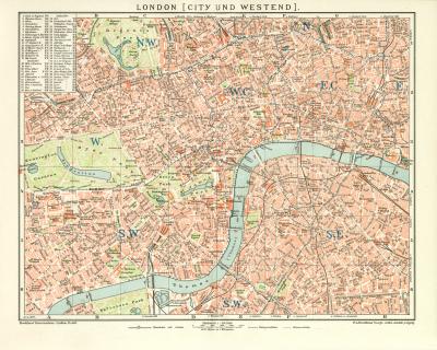 London City und Westend historischer Stadtplan Karte Lithographie ca. 1897