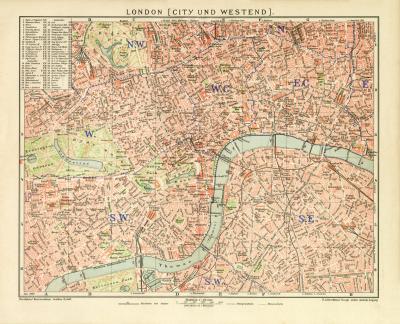 London City und Westend historischer Stadtplan Karte Lithographie ca. 1900