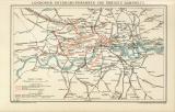 Londoner Untergrundbahnen und übriges Bahnnetz historische Landkarte Lithographie ca. 1900