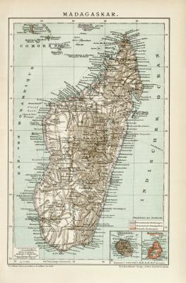 Madagaskar historische Landkarte Lithographie ca. 1896
