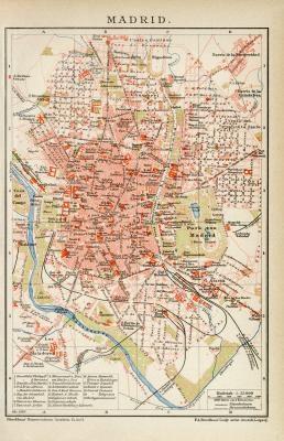 Madrid Stadtplan Lithographie 1898 Original der Zeit