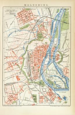 Magdeburg historischer Stadtplan Karte Lithographie ca. 1892