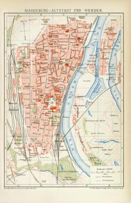 Magdeburg Altstadt und Werder historischer Stadtplan Karte Lithographie ca. 1892