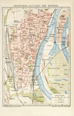 Magdeburg Altstadt und Werder historischer Stadtplan Karte Lithographie ca. 1897