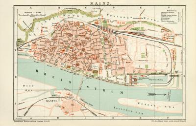 Mainz Stadtplan Lithographie 1896 Original der Zeit