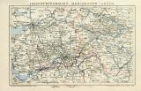 Industriegebiet Manchester - Leeds historische Landkarte Lithographie ca. 1896
