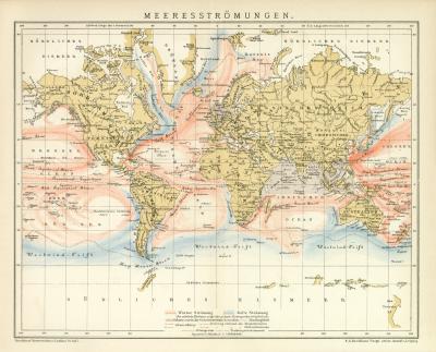 Meeresströmungen historische Landkarte Lithographie ca. 1892