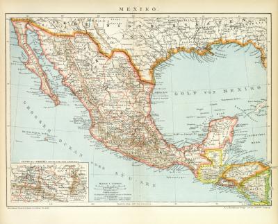 Mexiko Karte Lithographie 1892 Original der Zeit