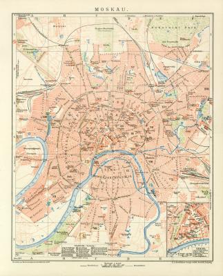 Moskau historischer Stadtplan Karte Lithographie ca. 1897