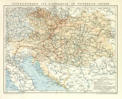 Übersichtskarte der Eisenbahnen in Österreich-Ungarn historische Landkarte Lithographie ca. 1897