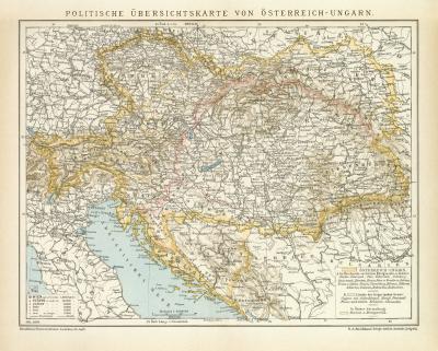 Politische Übersichtskarte von Österreich-Ungarn historische Landkarte Lithographie ca. 1898