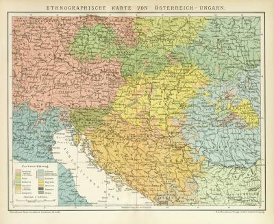 Ethnographische Karte von Österreich-Ungarn historische Landkarte Lithographie ca. 1892