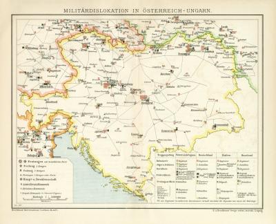 Militärdislokation in Österreich-Ungarn historische Militärkarte Lithographie ca. 1897